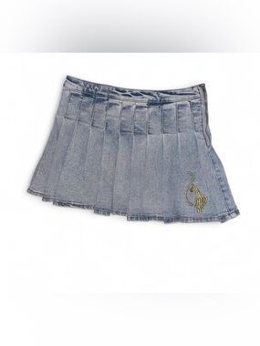 baby phat denim pleated skirt gold embroidered front logo back spellout S NWT